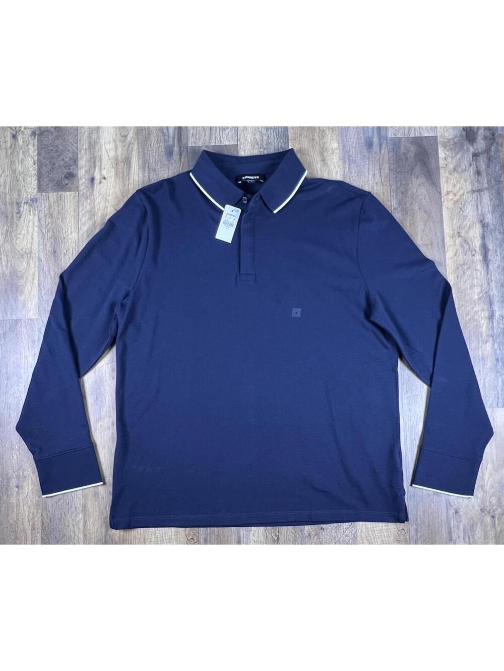 NEW Express Long Sleeve Polo Shirt Large Blue Cotton Blend Stretch NWT Rugby